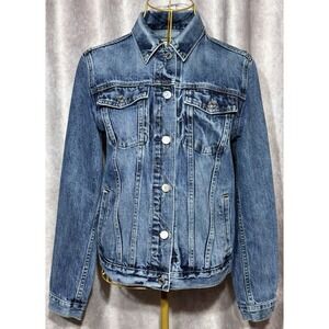 Gap 1969 Denim Distressed Icon Jacket Saddle Blue Women's‎ Size Medium